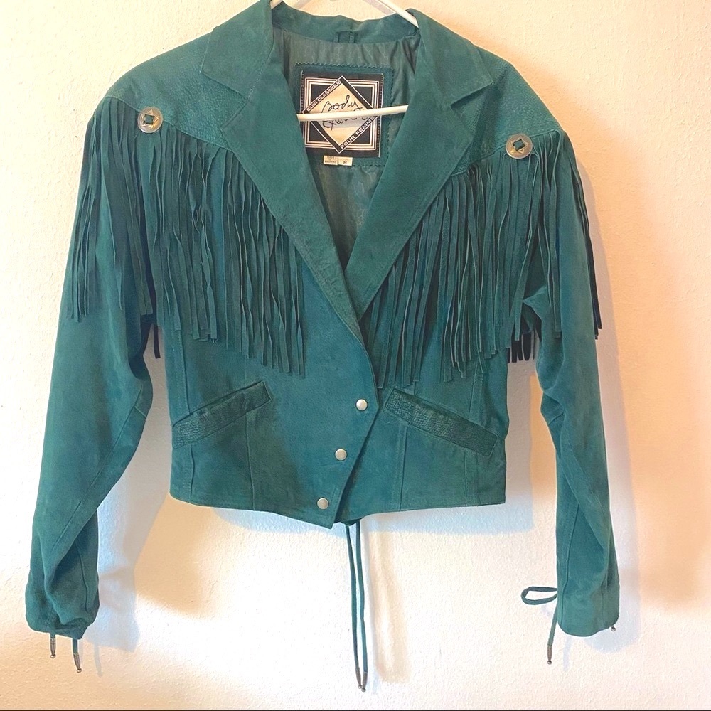 Vintage Leather fringe western jacket lace up rodeo cowgirl coat emerald green